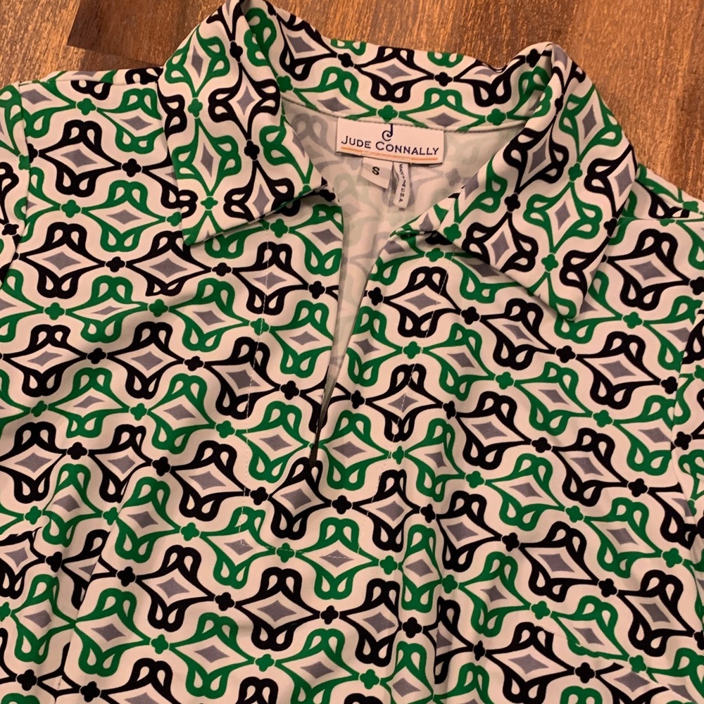 Jude Connally Green, Black & White Geometric Collared Midi Dress